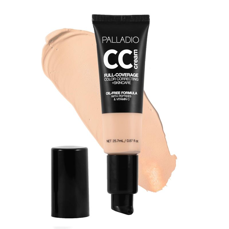 Palladio Full-Coverage Color Correction CC Cream, Oil-Free with Peptides &amp; Vitamin C, Best for Correcting Redness and Uneven Skin Tone, Buildable Foundation Coverage (Fair 12W)