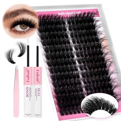 FADLASH Lash Extension Kit Cat Eye Lash Cluster Kit DIY Eyelash Extension Kit with Lash Bond and Seal Lash Tweezers Natural Cluster Eyelash Extensions Kit Individual Lashes (KIT, 80D-07D-12-20mm)