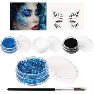 BOBISUKA Halloween Face Paint Kit, Black White Blue Face Painting  body glitter gel  face gems, Professional Washable Body Paint for SFX Cosplay Party Stage Performance Makeup
