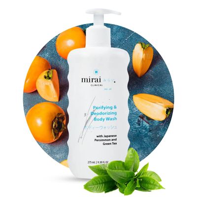 Mirai Clinical Body Wash for Strong Body Odor - Renewing Body Purifying &amp; Deodorizing with Natural Persimmon &amp; Green Tea Extracts - Nonenal Body Odor Eliminator for Women &amp; Men - 9.29 Fl oz