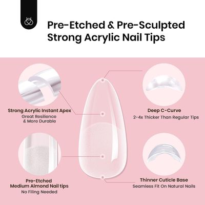 Beetles Tipex Instant Apex Nail Tips Almond Medium-Pre-Building & Pre-Etched Strong Thick Acrylic Nail Tips,16 Sizes for Flat Nails, Press on Nails 192 Pieces Valentine's Day Gift for Women