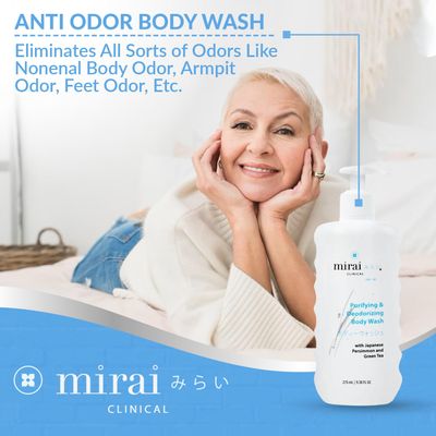 Mirai Clinical Body Wash for Strong Body Odor - Renewing Body Purifying & Deodorizing with Natural Persimmon & Green Tea Extracts - Nonenal Body Odor Eliminator for Women & Men - 9.29 Fl oz