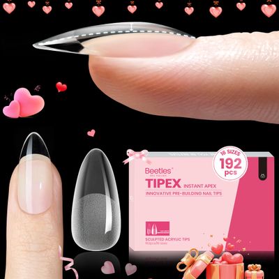 Beetles Tipex Instant Apex Nail Tips Almond Medium-Pre-Building &amp; Pre-Etched Strong Thick Acrylic Nail Tips,16 Sizes for Flat Nails, Press on Nails 192 Pieces Valentine&#39;s Day Gift for Women