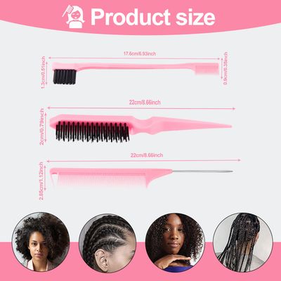 SWEET VIEW 3 Pcs Slick Back Hair Brush with Rat Tail Comb, Edge Brush, Bristle Brush, Teasing Brush Set for Sleek PonytailBun, Edge Control and Smoothing Baby Hair &amp; Flyaways - Pink