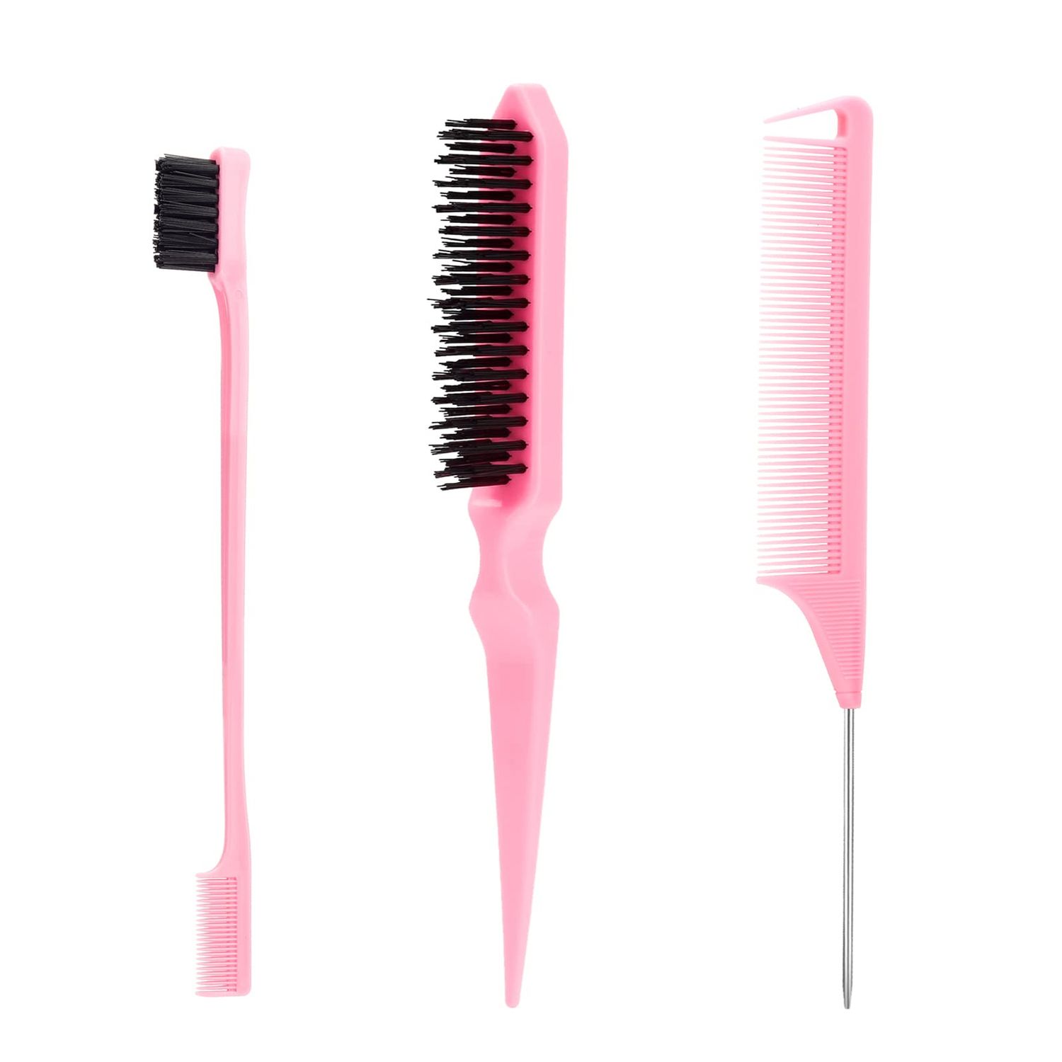 SWEET VIEW 3 Pcs Slick Back Hair Brush with Rat Tail Comb, Edge Brush, Bristle Brush, Teasing Brush Set for Sleek PonytailBun, Edge Control and Smoothing Baby Hair &amp; Flyaways - Pink