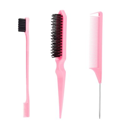 SWEET VIEW 3 Pcs Slick Back Hair Brush with Rat Tail Comb, Edge Brush, Bristle Brush, Teasing Brush Set for Sleek PonytailBun, Edge Control and Smoothing Baby Hair &amp; Flyaways - Pink