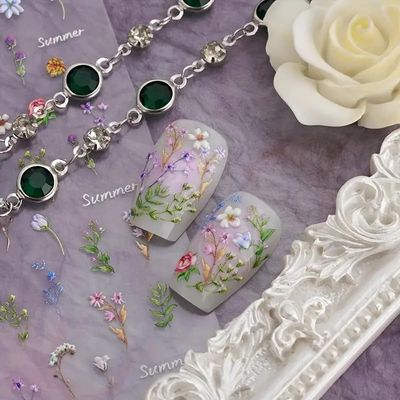 Flower Nail Stickers for Nail Art - Flower Nail Art Stickers Summer Floral Leaf Plant 5D Embossed Nail Decals Self-Adhesive Nail Art Supplies Manicure Sliders Flower Stickers for Nails Art Decoration