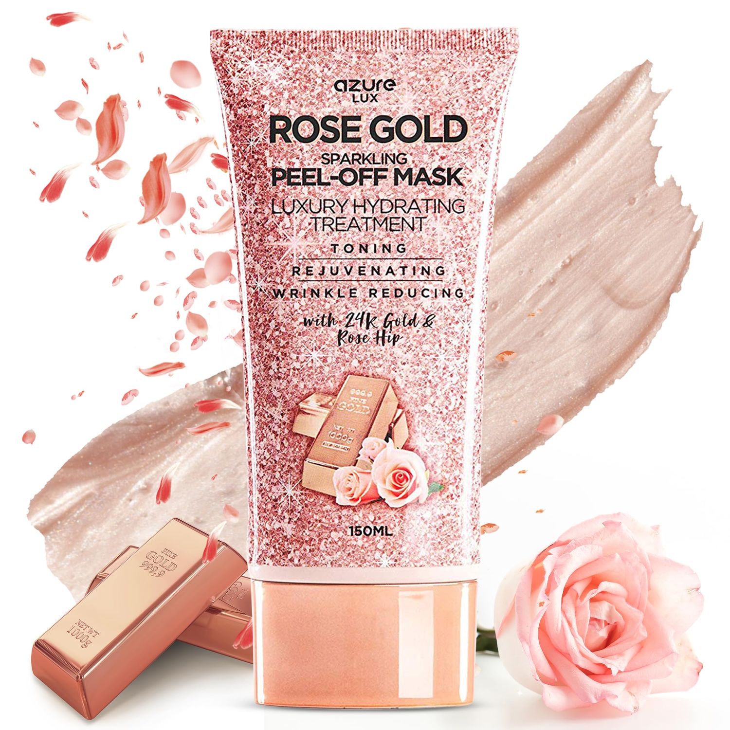 AZURE Rose Gold Hydrating Peel Off Face Mask- Dermatologist Tested - Anti Aging, Toning &amp; Rejuvenating - Removes Blackheads, Dirt &amp; Oils - Real 24K Gold &amp; Rose Hip Oil - 5.07 fl.oz.