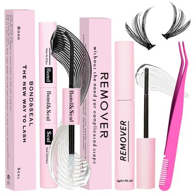 Lash Bond and Seal Kit 3Pcs DIY Lash Extension with Waterproof Lashe Cluster Glue 72h Hold and Seal Lash Remover Tweezers for Eyelash Extensions Beginners Self Use at Home