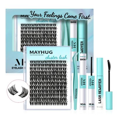 Mayhug Lash Clusters Kit - Fluffy Lash Clusters, Lash Clusters D Curl Individual Lashes Lash Clusters Kit Thick Eyelash Extension Kit Thin Band Cluster Lashes Lash Bond and Seal Lash Tweezers