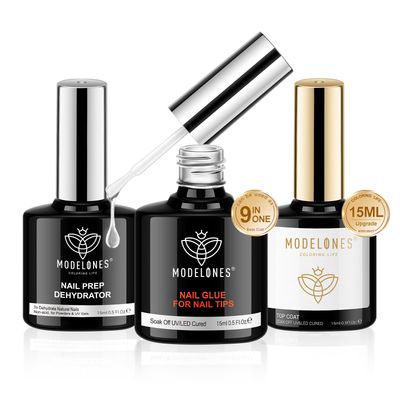 modelones Nail Glue Gel with Top Coat and Nail Prep Dehydrator 3 PCS 15ml 9 in One Nail Glue Gel Nail Kit for Easy Nail Extension, No Wipe Top Coat