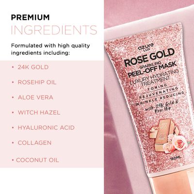 AZURE Rose Gold Hydrating Peel Off Face Mask- Dermatologist Tested - Anti Aging, Toning &amp; Rejuvenating - Removes Blackheads, Dirt &amp; Oils - Real 24K Gold &amp; Rose Hip Oil - 5.07 fl.oz.
