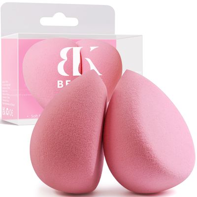 BEAKEY Flat Duo Patented Makeup Sponge Set of 2, Latex Free Pink Beauty Sponge for Foundation and Powder Application, Soft Blending Sponge, Large Flat Design, BeautyTools for Makeup Lovers