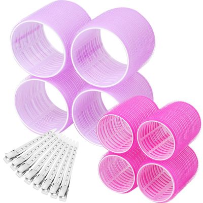 Self Grip Hair Rollers Curlers 16 Pcs Set with 8Pcs Hair Rollers 2 Sizes (4 Jumbo &amp; 4 Large) and 8 Pcs Hair Clips for Long Medium Short Thick Fine Thin Hair Volume