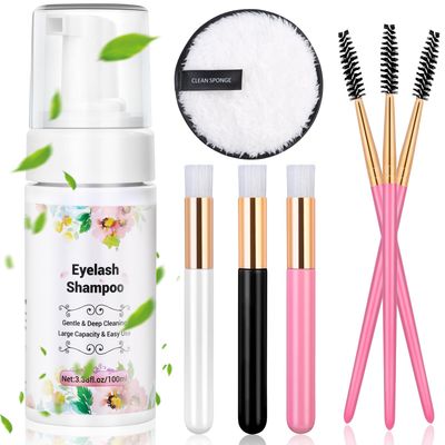 Lash Shampoo for Lash Extensions, 100ml Eyelash Extension Cleanser Kit with Rinse Bottle, Brushes, Remover Pad for Lahses &amp; Extension Cleaning,Lash Cleanser for Extensions Kit for Beginner Home Salon