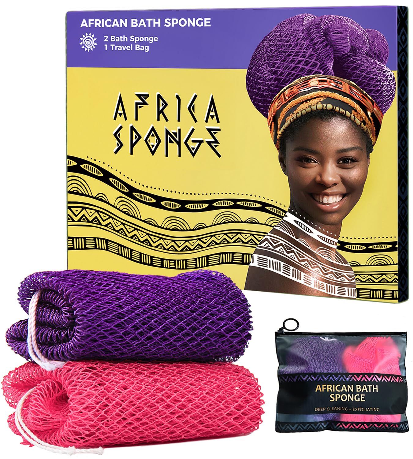 African Net Sponge Authentic - 2 Pieces Body Scrubber Exfoliator Bath Sponge - Exfoliating Washcloth Black Owned Real African Net Purple &amp; Pink - Back Scrubber for Shower Loofah Bathing Accessories