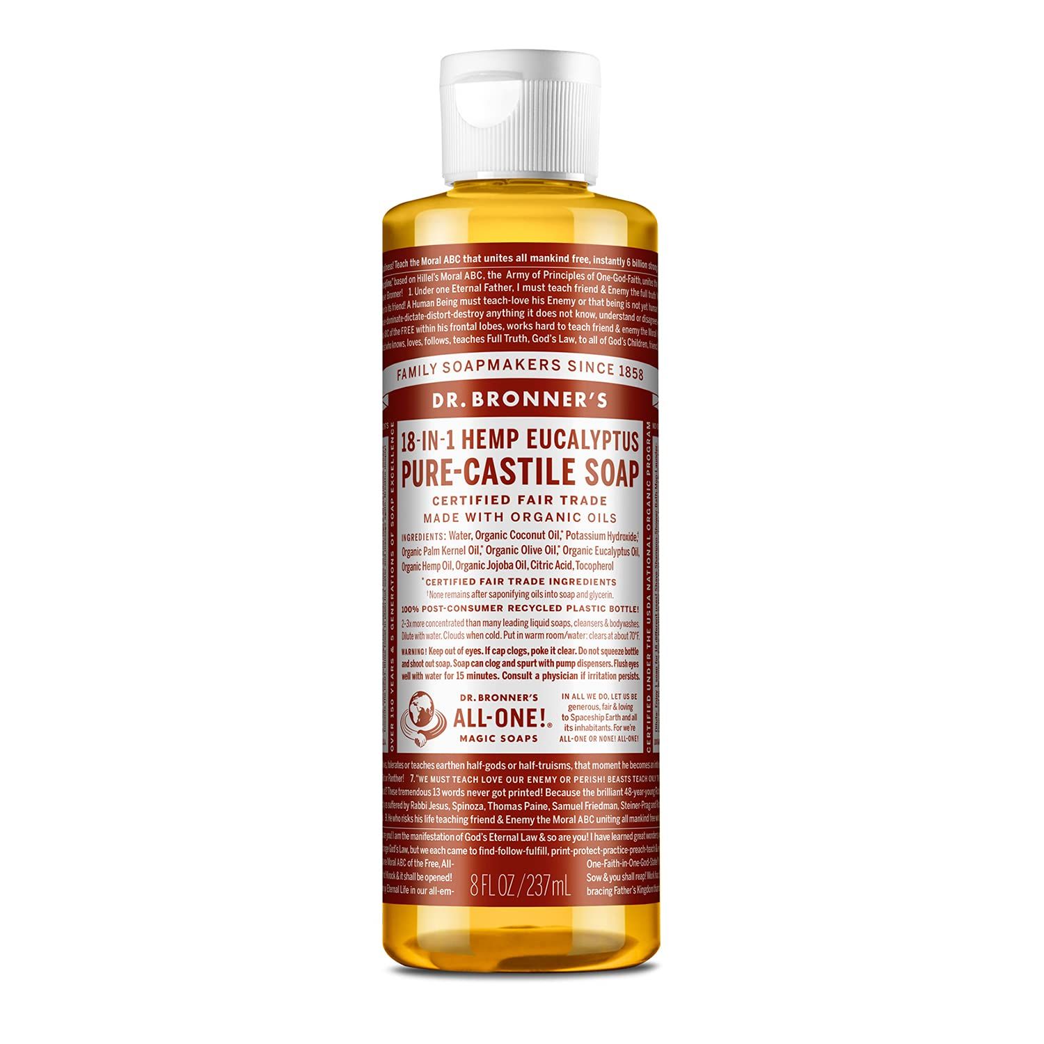 Dr. Bronner&#39;s - Pure-Castile Liquid Soap (Eucalyptus, 8 ounce) - Made with Organic Oils, 18-in-1 Uses Face, Body, Hair, Laundry, Pets and Dishes, Concentrated, Vegan, Non-GMO