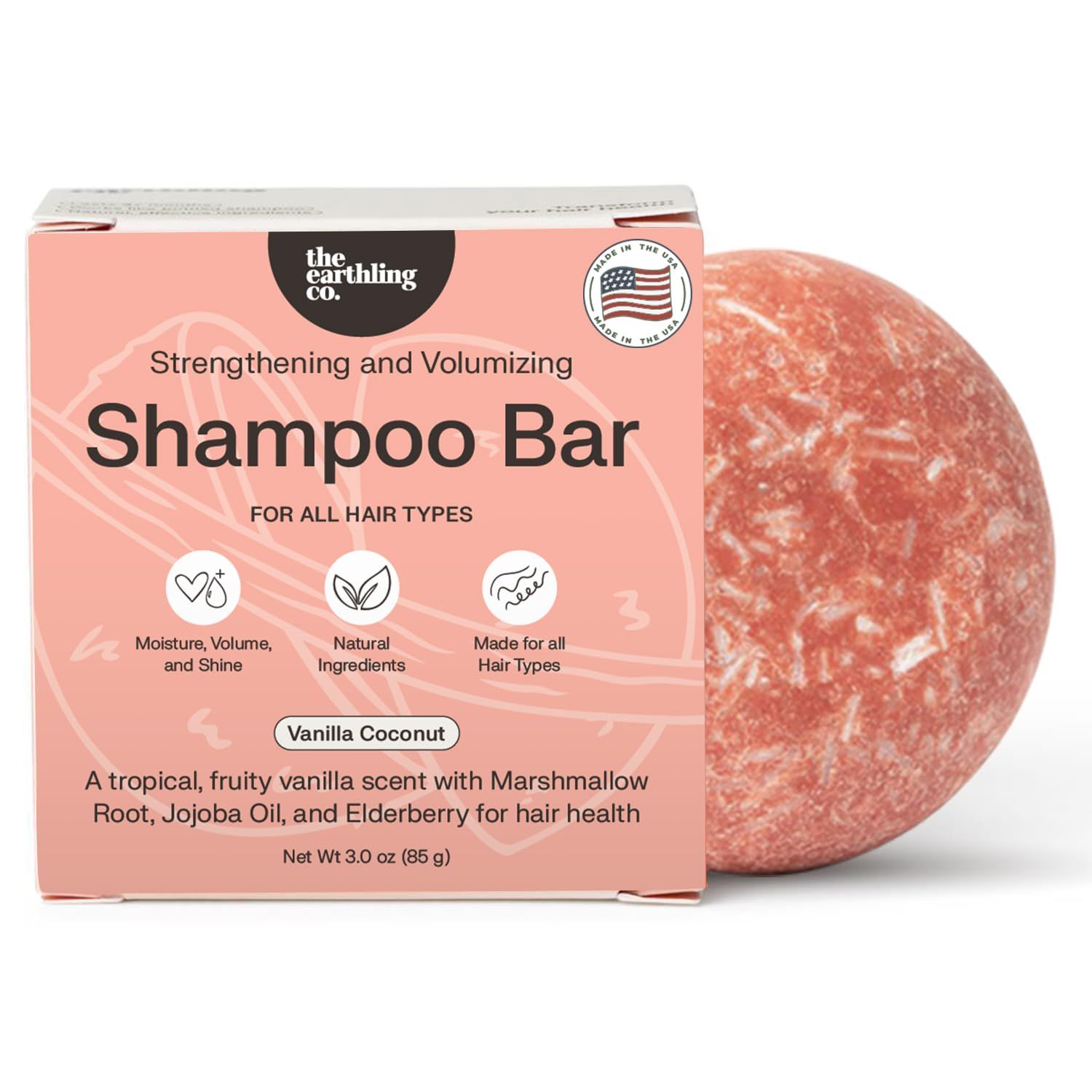 The Earthling Co. Shampoo Bar - Promote Hair Growth, Strengthen &amp; Volumize All Hair Types - Paraben &amp; Sulfate Free formula with Natural, Vegan Ingredients (Vanilla Coconut, 3 oz)