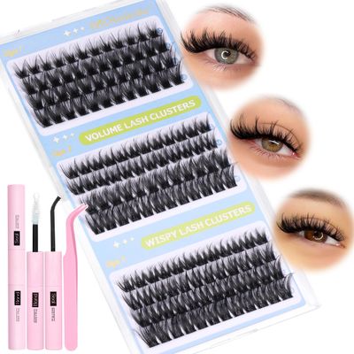 Boahankuke Wispy Lash Clusters Kit Volume Lash Extension Kit 144PCS Eyelash Extension Kit 12-18mm Lashes Clusters Thin Band Individual Lashes D Curl Eyelash Clusters Kit (a Lash Bond&amp;Seal, a Tweezers)