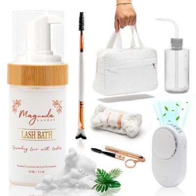 Magunda Lash Cleaning Kit - Premium Lash Shampoo Kit, Luxury Lash Extension Cleanser (100ml), Cute Makeup Bag, Eyelash Brush, Lash Fan, Spa Headband