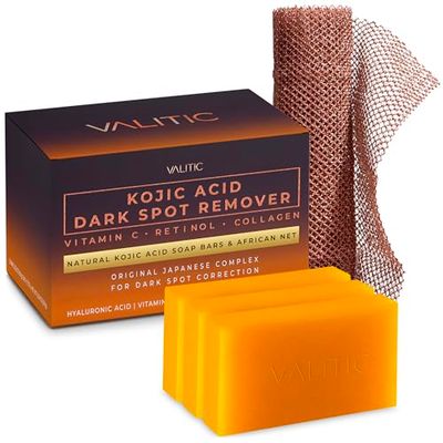 VALITIC Kojic Acid Dark Spot Remover Soap with Turmeric, Vitamin C, Retinol - Original Japanese Complex with Hyaluronic Acid, Vitamin E, Shea Butter, Castile Olive Oil - 3 Pack and African Net Sponge