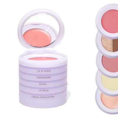 5-in-1 travel makeup kit by subtl beauty | eyeshadow duo, powder blush, cream highlighter, lip and cheek, lip balm | free travel mirror and brush | stackable makeup for travel
