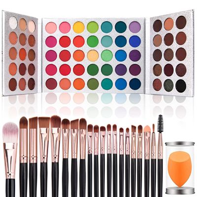 Eyeshadow Palette 65 Colors  20pcs Makeup Brushes Set  Sponge Blender Sweatproof Pigmented Matte Shimmer Metallic Blendable Soft Pressed Powder Eye Shadow Makeup Palette