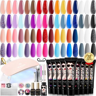 Poly Gel Nail kit for beginners 32 Colors Gel Extension Nail Set with U V Lights for starter DIY Nail Art extension at Home Gifts for Ladies &amp; Girls