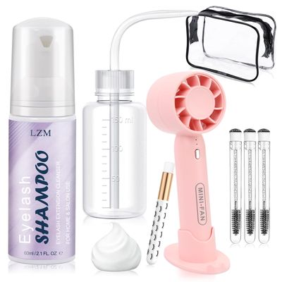 LZM Lash Shampoo Kit Lash Cleaning - Lash Wash Cleaning Kit with Fan for Cluster LashEyelash ExtensionsFalse Lash, Lash Bath, Lash Foam, Lash Soap, Lash Care, Wash Bottle, Sulfate &amp; Oil Free, 60ml