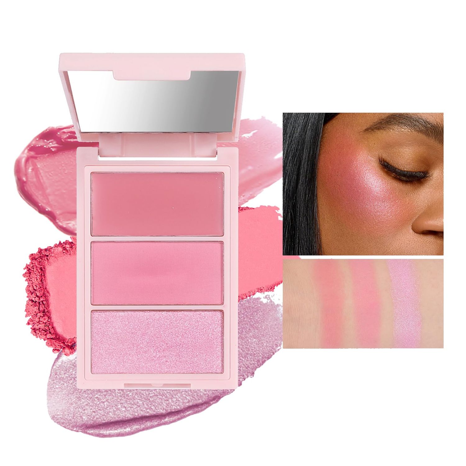 DLZZRS 3D Blush Trio Palette,Multi-Use Makeup Powder Pink Blush Palette Glow Makeup Cream Blush For Cheeks, Lightweight, Smooth, Blendable, Contour &amp; Highlight Face for Shimmery Or Matte Finish(04#