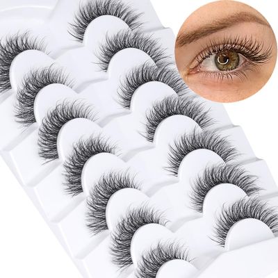 Natural Lashes Wispy False Eyelashes Clear Band Fluffy Lashes Cat Eye Style Short Eyelashes Natural Look 14mm CC Curl Strip Lashes Pack by Kiromiro, 7 Pairs