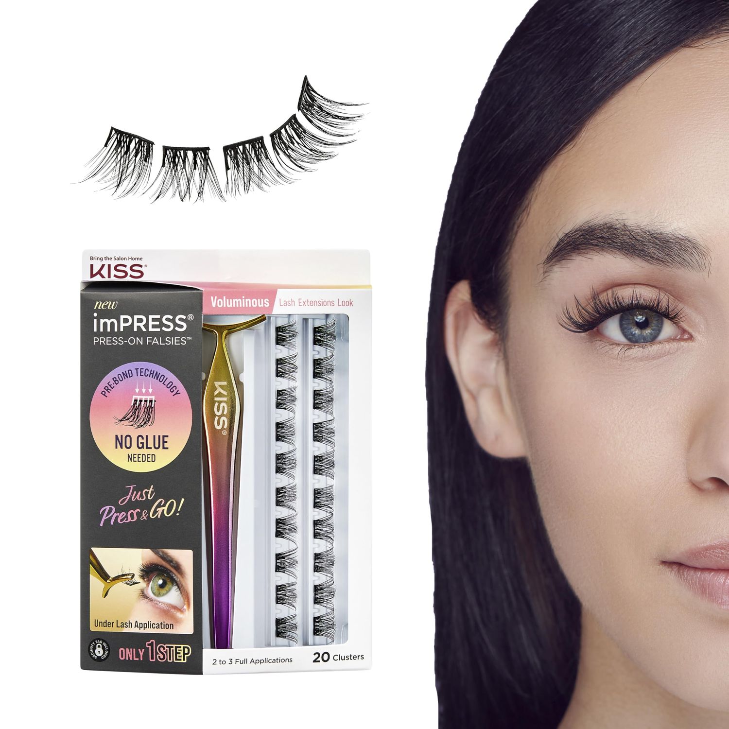 KISS imPRESS Falsies False Eyelashes, Lash Clusters, &#39;Voluminous&#39;, 14 mm, Includes 20 Clusters, 1 applicator, Contact Lens Friendly, Easy to Apply, Reusable Strip Lashes
