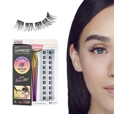 KISS imPRESS Falsies False Eyelashes, Lash Clusters, &#39;Voluminous&#39;, 14 mm, Includes 20 Clusters, 1 applicator, Contact Lens Friendly, Easy to Apply, Reusable Strip Lashes