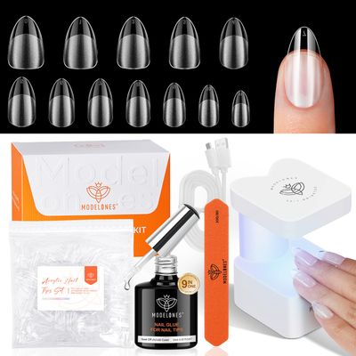 modelones Gel X Nail Kit, Short Almond Gel x Nail Tips, 9-in-One Nail Glue with Portable U V Nail Lamp, 216Pcs 12Sizes Press On Acrylic False Nails Tip Nail Extension DIY Nails Art Gift for Women