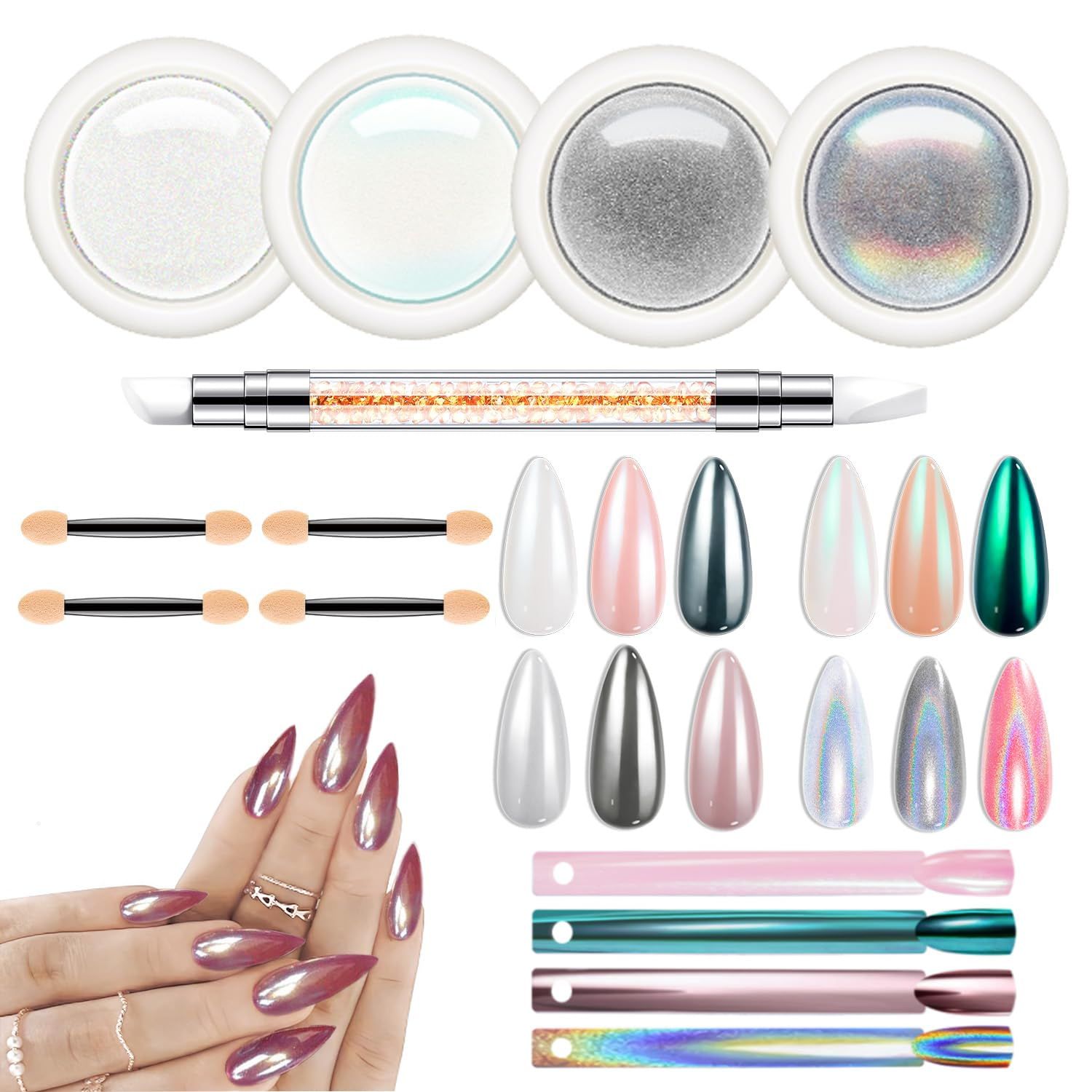 modelones Chrome Powder for Nails 4 pcs, Magic White Pearl Chrome Nail Powder Kit Mirror Effect Chrome Powder Holographic Nail Powder Pigment Glitter Nail Powder Nailr Art Decoration