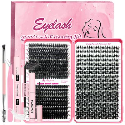 Qiveaory DIY Lash Extension Kit 567 Pcs Individual Lashes Clusters with Wispy lashes,Lash Bond and Seal,Eyelash Remover Tweezers Brush Eyelash Extension Set Lash Books DIY at Home