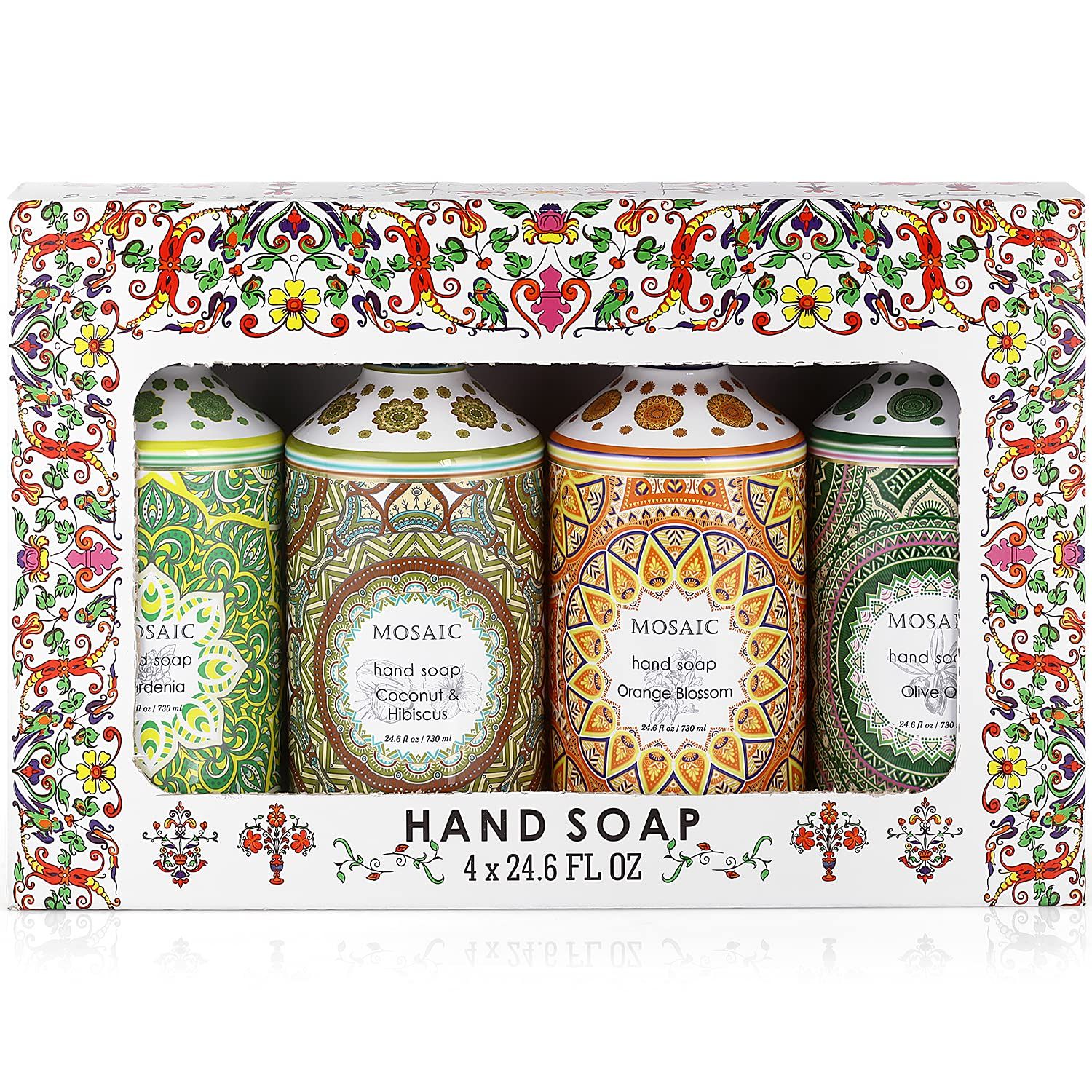 Mosaic Liquid Hand Soap  Wash Gift Set, Ideal Bathroom Kitchen Hand Soap Set , Olive Oil  Coconut &amp; Hibiscus  Gardenia  Orange Blossom, 4 x 24.6 fl oz Each Liquid Soap Bottle