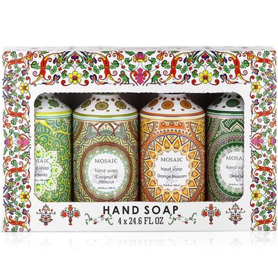 Mosaic Liquid Hand Soap  Wash Gift Set, Ideal Bathroom Kitchen Hand Soap Set , Olive Oil  Coconut &amp; Hibiscus  Gardenia  Orange Blossom, 4 x 24.6 fl oz Each Liquid Soap Bottle