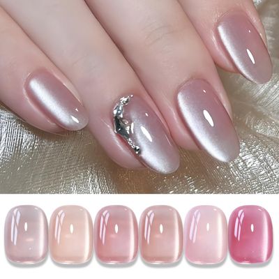 Double Rhythm Cat Eye Gel Nail Polish Set of 6 Colors Shimmer Glitter with Magnet 9D Holographic Reflective Magnetic Nail Polish Kit (Nude Pink Purple-Kit 35)