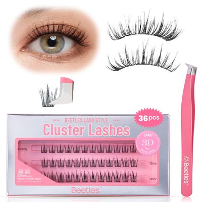 Beetles Lash Clusters 3D Natural False Eyelashes 10-14mm Cluster Eyelash Extensions Wispy C Curl Eyelash Clusters 36pcs Individual Lashes DIY Cluster Lashes Candy (CMC001, 10-14mm)