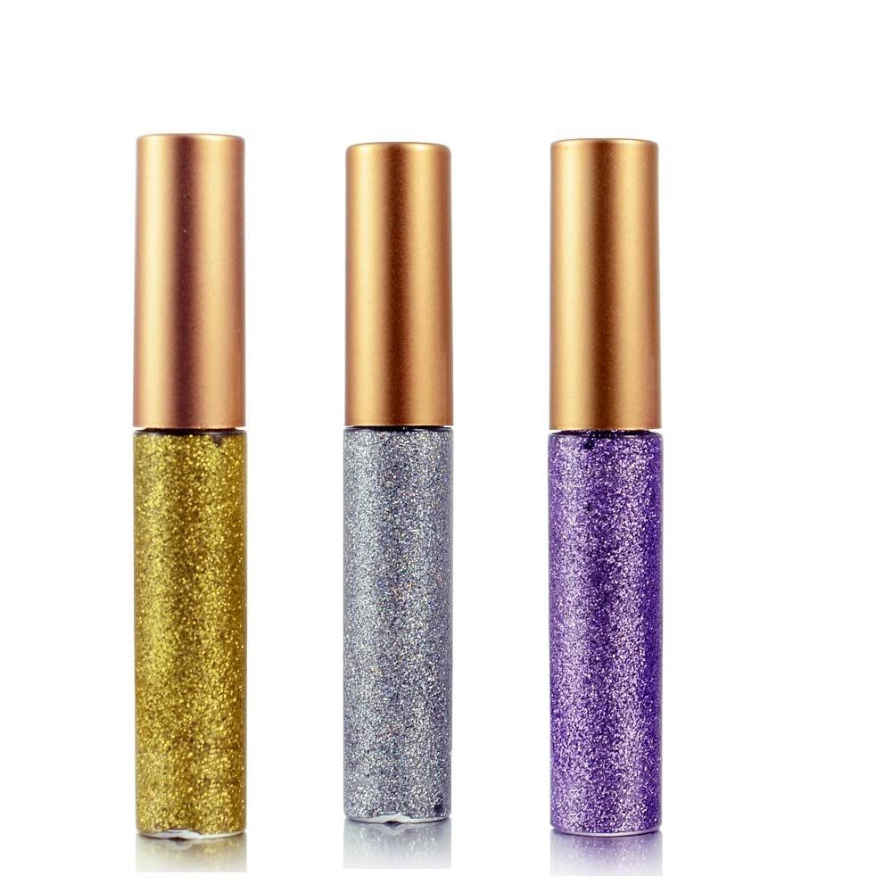 Eyeliner Glitter Liquid Eyeshadow 3 Color Metallic Glitter Sparkling Eyeliner Face Eye Cosmetic Glow Shimmer Makeup Glitter Eyeshadow Liquid Long Lasting Eyeliner Eye Shadow Gold,Silver and Purple