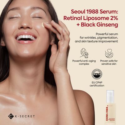 K-SECRET SEOUL 1988 Retinal Serum 2% Retinal Liposome Black Ginseng Niacinamide Bakuchiol Vitamin C & 3 Peptides for Wrinkle Care Anti Aging - Korean Skincare Fragrance Paraben Cruelty Free 30mL