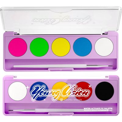 YOUNG VISION 2-PACK Water-Activated Face &amp; Body Paint Palette Set - Neon Fluorescent, Glow Under UV and Blacklight, FX Makeup for Face Painting, Blacklight Glow, Eyeliner, and Body Art