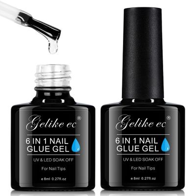 Gelike EC Gel Nail Glue UV - 6 in 1 Gel Glue for Nail Tips Need UV Light, 2PCS Strong Adhesive for Press on Nails Acrylic Tips
