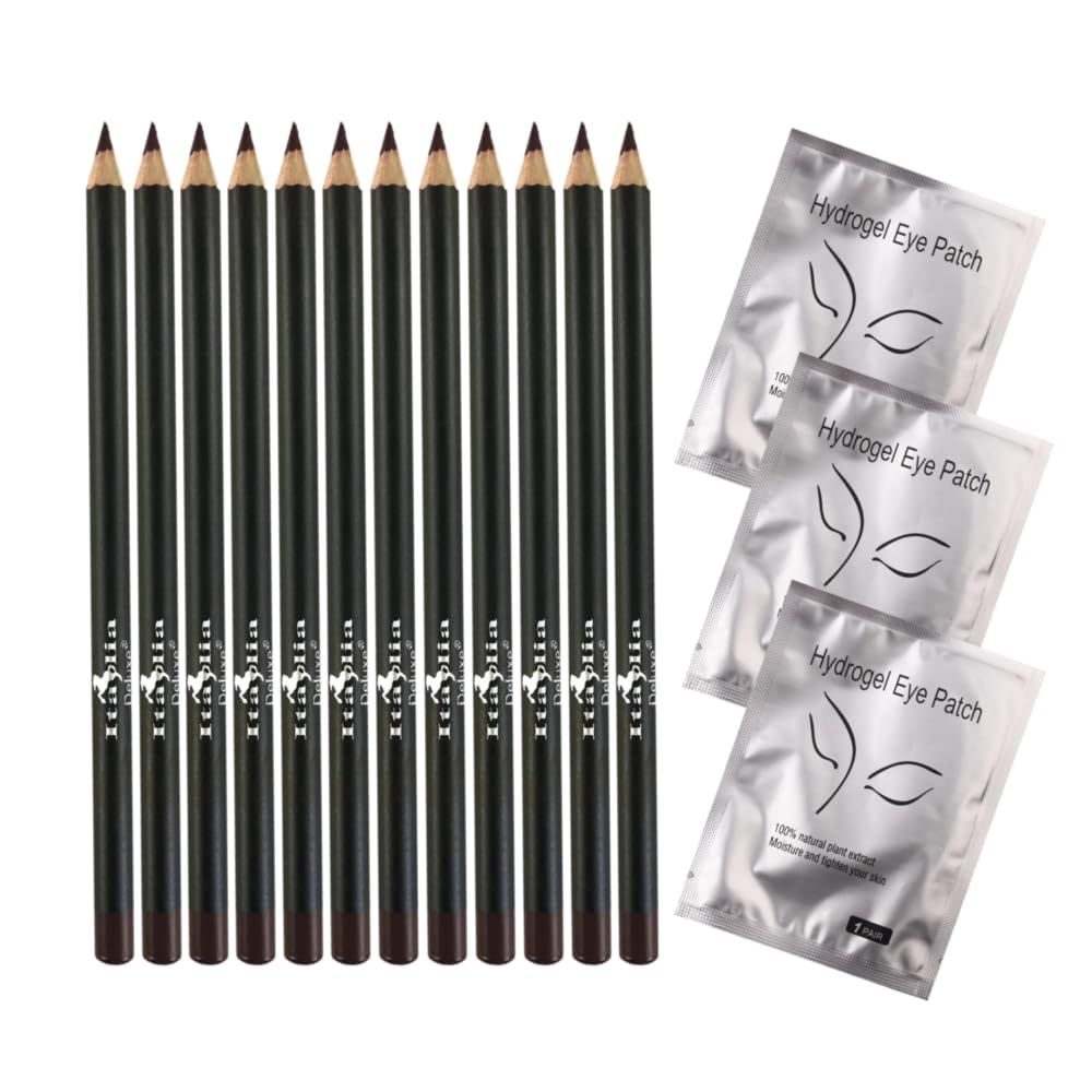 Italia Deluxe 12 pcs Eyeliner Pencil, Ultra Fine, Creamy, High-pigmented, Long-lasting  3 pair Hydrogel Eye Patch for Lash Extensions (Dark Brown)