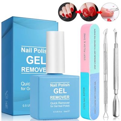 Gel Nail Polish Remover with 7 Way Nail Buffer &amp; Nail Cuticle Pusher, Professional Simple Easier Gel Nail Polish Remover Set for Nails in 2-5mins for Home DIY