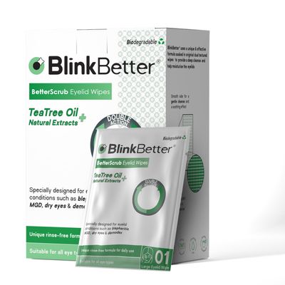 BlinkBetter Tea Tree Oil Eyelid Wipes - 20 x Natural Blepharitis, MGD &amp; Dry Eye Relief Wipes | Cleansing, Soothing, Dual-Textured, Triple Moisture Formula | Biodegradable &amp; Gentle (Pack of 1, 20)
