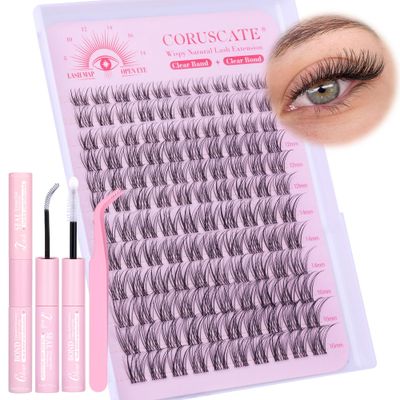 Natural Lash Clusters Kit Clear Band Wispy Cluster Eyelash Extensions Thin Invisible Band Lash Extension Kit 8-16mm Eyelashes Individual Lashes with Clear Bond and Seal Lash Tweezers by CORUSCATE