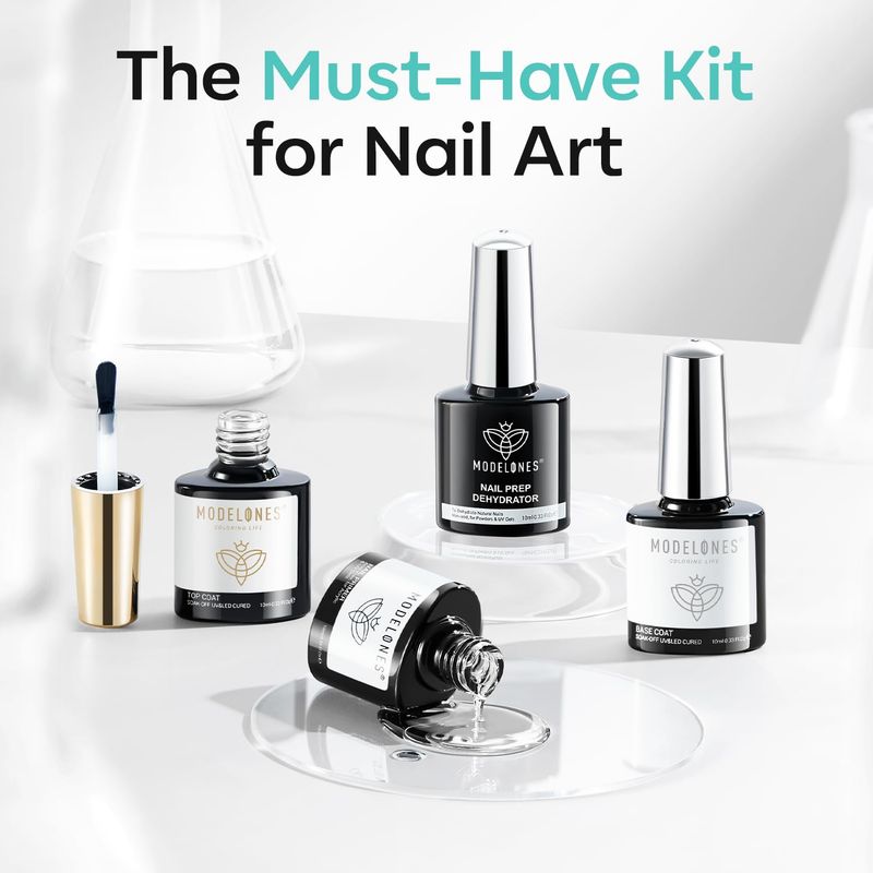 modelones Nail Dehydrator and Primer with Gel Base &amp; Top Coat Set, Acid Free Acrylic Nail Supplies Primer Glossy Gel Nail Polish Top Coat Starter Kit