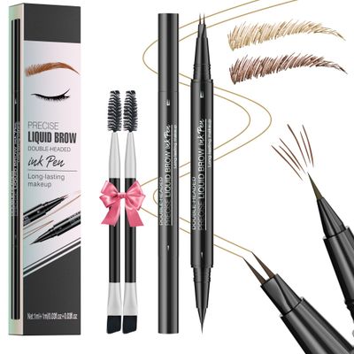 NinjaTiger Eyebrow Pencil Brow Pen - 2-Pack 2-IN-1 Dual-Ended Eye Brow Pencils 2-Fork-Tip Microblading Eyebrow Pen for Women Waterproof Eyebrow Pen with Brow Brushes Light Brown  Brown